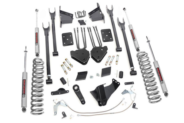 Gain greater travel and improved handling while adding ground clearance and aggressive style with Rough CountryΓÇÖs 4-Link F-250 Lift Kit for models without rear factory contact overload springs.This innovative kit allows you to replace your factory arms with a 4-Link setup, using Rough CountryΓÇÖs durable, fixed upper arms and adjustable lower control arms. A set of radius arm drop brackets maintain proper geometry and allow for proper caster setting, which is crucial to maintain factory handling.This kit includes a set of lifted coil springs, radius arm drop-brackets, and ultra-durable, fabricated Anti-wrap rear blocks that prevent binding and axle wrap. This kit also includes stainless steel extended brake lines and brake line brackets to ensure you have everything you need to install your lift. Best of all, this kit features Rough CountryΓÇÖs Nitrogen-Charged N3 Shock Absorbers for the ultimate balance in off-road performance and a smooth highway ride. Includes Rough CountryΓÇÖs Lifetime Replacement Warranty