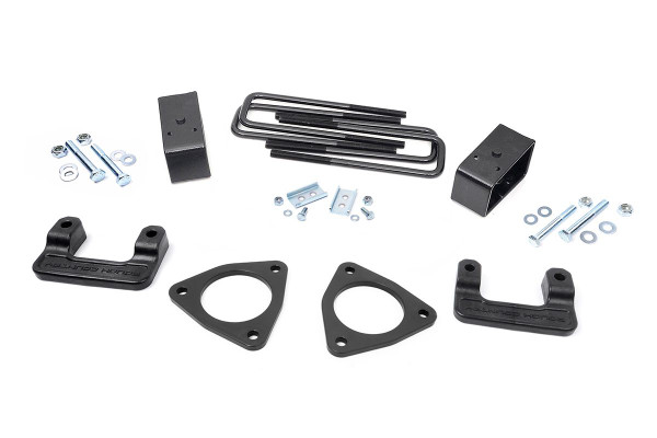 Off-Road Action has never been more affordable thanks to Rough Country's 2.5in Suspension Lift for GMC Sierra Denali 1500 Pickups equipped with Magnetic Ride Control. If you're looking for something more than a simple leveling kit, look no further! This new design utilizes our popular 2in Lower Strut Extensions combined with a set of strut spacers and rear blocks to achieve a total of 2.5in of lift - enough clearance to run up to a 285/70/17 tire - all at a price that won't break the bank!This kit includes a set of Fabricated 2in Rear Blocks to replace the OEM 1in block. Fabricated blocks offer a longer lifespan than cast blocks and are less susceptible to damage and the environment. Not only is this kit affordable, it's also easy to install, featuring a 100% bolt-on installation procedure with no need for a strut compressor to install. Lift your Magneride Denali 1500 easily, efficiently, and with money to spare!