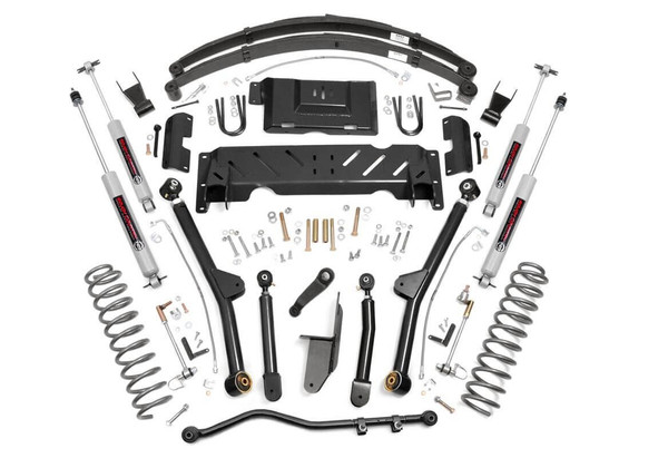 Take your XJΓÇÖs already capable platform to the next level with Rough CountryΓÇÖs 6.5 inch Long arm suspension kit. This fully bolt on kit relocates the front control arms to achieve optimum alignment angles, while giving your rig insane articulation off road.\
A set of Rough Country's premium N3 shocks are also included. These fine tuned 10-stage variable high-pressure Nitrogen charged shocks offer a fantastic blend of off-road action and smooth highway ride quality. With a durable 18mm spring-loaded piston rod and faster-cooling 54mm shock body.\
You get top quality craftsmanship, and superior off road capability all for an unbeatable value and the best price in the market!┬á