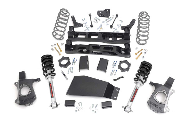 This all-inclusive kit ships with everything you need to get going and hit the mudholes. Featuring a set of beefy lifted knuckles and 1/4in thick steel front and rear high-clearance crossmembers, this kit offers plenty of muscle to handle hazards both on and off-road.\\
A set of Lifted Coil Springs and Upper Strut Spacers provide plenty of ride height - enough to run up to a 33in tire on our 5in option, or a 35in tire on our 7.5in option. Both kits feature sway-bar links, shock extensions, brakeline brackets, a rough and tumble lower skid plate, and Grade 8 Hardware.\\
Included sway-bar drop brackets and differential drop brackets help keep vehicle components properly aligned after lifting, providing a factory-like ride while boasting an aggressive stance.