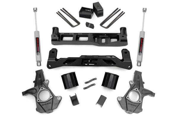 Aggressive Lift, OEM Compatibility: Transform your 2WD Chevy/GMC 1500 with Rough Country's 5-Inch Lift Kit, delivering a head-turning, aggressive profile while maintaining OEM compatibility. This system lets you run 33-inch tires on factory 18 or 20-inch wheels-no extra modifications needed. The result? A leveled, front-to-rear stance that boosts both curb appeal and on-road confidence.Engineered for Performance and Clearance: Designed with a high-clearance crossmember and heavy-duty fabricated blocks, this kit is built for superior off-road capability and long-term durability. The precision laser-cut components ensure a perfect fit and a seamless installation using advanced CAD technology.No Modifications, No Headaches: Enjoy a hassle-free install with zero drivetrain, differential, or exhaust modifications needed. The factory front skid plate is reused, saving you money while preserving your truck's underbody protection.Ride Quality Meets Rugged Strength: Equipped with Rough Country's premium N3 Series shocks, this system offers application-specific valving for excellent ride quality both on and off the road. Take it further with the optional N3 loaded struts upgrade enhancing suspension performance, simplifying installation, and eliminating the need for traditional spacers.Built to Last: This kit doesn't just lift it levels, protects, and performs. Backed by Rough Country's Limited Lifetime Replacement Warranty, it's a confident upgrade for any daily driver or weekend warrior.