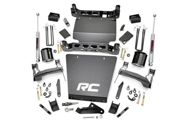 Commanding Lift. Aggressive Stance: Turn heads and tackle trails with Rough Country's 5-Inch Suspension Lift Kit for Chevy Silverado 1500/GMC Sierra 1500 trucks. This high-clearance lift kit delivers a bold, aggressive look while boosting your ride height to confidently clear up to 33-inch tires-even on factory 20-inch wheels. And thanks to the smart design that retains factory track width, you get all the benefits of a taller truck without compromising handling or alignment.Commanding Lift. Aggressive Stance: Every component in this kit is engineered for strength and longevity. Durable fabricated rear blocks offer greater integrity than standard cast designs, while laser-cut front and rear crossmembers, skid plates, and stout upper strut spacers provide a precise fit and rock-solid support. It's a complete package ready to dominate pavement and dirt alike.Commanding Lift. Aggressive Stance: Included N3 Series Shock Absorbers deliver application-specific valving for exceptional comfort and control across all terrains. Want even more performance? Opt for the upgraded N3 Loaded Struts-designed to replace traditional spacers with enhanced suspension response, simplified installation, and an even smoother ride.Commanding Lift. Aggressive Stance: This all-inclusive kit comes with heavy-duty sway-bar and differential drop brackets, premium hardware, and expert engineering backed by Rough Country's in-house R&D team. Whether you're cruising city streets or exploring off-grid, this lift kit brings out the best in your GM 1500.