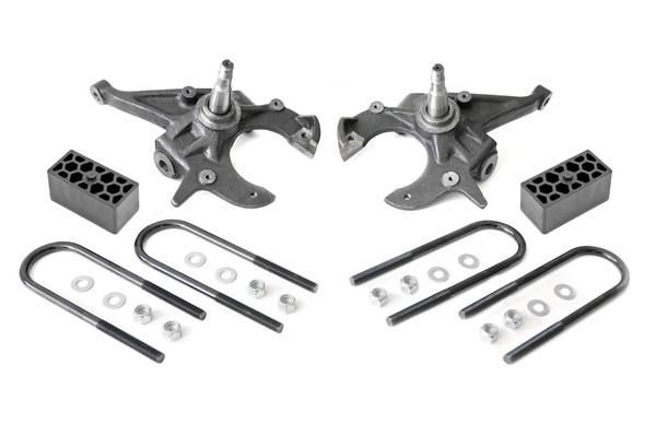 If you want to easily transform the look of your truck, look no further than Rough Country's 2in / 2.5in Lowering Kit for 82-04 Chevy S-10 pickups. Our easy-to-install Lowering Kit is a total transformation, offering a sleek, modern look that keeps heads turning!\\
A set of sturdy Driver and Passenger Lowering Spindles offer plenty of strength and durability while helping maintain a factory-like ride. Also included are a set of Fabricated rear blocks, offering superior strength and reliability over cast blocks. All together, this kit drops the ride height of your S-10, S-15, Blazer or Jimmy by 2in in the front and 2.5in in the rear, offering a sleek, level drop while keeping other crucial components in line. Best of all, This easy-to-install lowering kit features a simple, 100% bolt-on installation process.