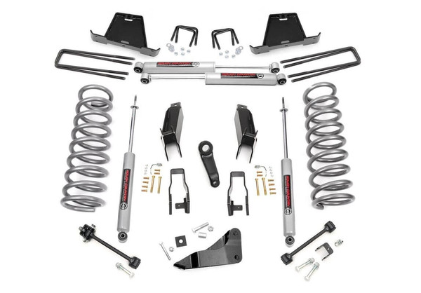 This 5in kit now includes our critically acclaimed N3 Shock Absorbers at no additional cost! Our N3 shocks are custom tuned specifically for this application - meaning you get a shock designed specifically for the weight and maneuverability of your truck. Incorporating "Velocity Sensitive Valving" technology, these shocks utilize a 10-stage variable valving process that allows for a super smooth highway ride and outstanding control in rugged off road situations from the same shock, with no need for further adjustment.\\
Featuring a brand-new control arm solution, our new Dodge 2500 Control Arm Drop Bracket System improves driveline geometry. By utilizing a set of beefy drop brackets we've eliminated the steep mounting angle often seen on 5in and larger kits. By mounting your stock arms to the reduced angle provided by our Drop Bracket System, you'll gain better ride quality and better caster angle for increased drivability.