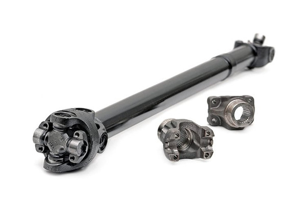 This double cardan style CV drive shaft is necessary for Jeep JK models equipped with 3.5in - 6in short arm suspension lifts or 2.5in - 6in long arm suspension lifts. It features a replacement flange for the differential pinions as opposed to using an adapter flange. These flanges are machined from solid billet steel. They are designed to accept standard off the shelf mating flanges. If these flanges ever break, you at least stand a chance of getting a replacement part from almost any drive line shop. This also nets a longer drive shaft with the center of the universal joint closer to the pinion bearing.