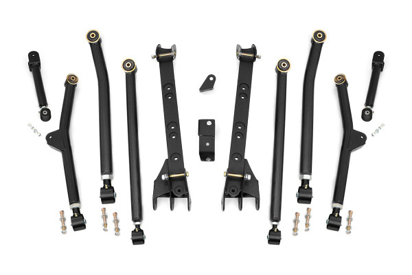 Transform your 97-06 Jeep Wrangler with Rough Country's Long Arm Upgrade, designed to take your existing 4- or 6-inch lift kit to the next level. Engineered for serious off-road performance, this kit features extreme travel long arms that maintain optimal alignment while providing maximum articulation over rugged terrain.X-Flex Control Arms: Fully greasable and built for durability, these arms feature premium Clevite OEM-style rubber bushings for smooth, controlled movement. The massive 2.5-inch diameter flex joints with 1.25-inch threads ensure unmatched strength and reliability.Superior Suspension Articulation: Upper joints pivot up to 20 degrees while lower joints move up to 35 degrees, delivering exceptional travel for tackling the toughest trails.Increased Ground Clearance: Gain extra height to clear obstacles with confidence and improve your Jeep's off-road capability.Upgrade your suspension and experience the perfect combination of strength, flexibility, and performance with Rough Country's Long Arm Upgrade Kit.