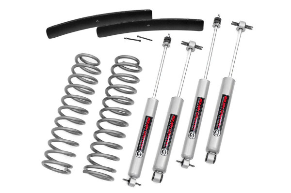 Give your Jeep an aggressive look from front to rear with Rough CountryΓÇÖs 3" Jeep Suspension Lift Kit! This easy-to-install leveling kit raises the front of your vehicle to be equal height with the rear for a leveled, flush look that gives a better ride height and more aggressive appearance.\
This kit features a set of front, durable coil springs allowing you gain additional ride height without sacrificing ride quality or performance. A set of rear add-a-leaf's are provided to keep everything at optimum angles for a factory-like ride, even after lifting.\
A set of Rough Country's premium N3 shocks are also included in this kit. These fine tuned 10-stage variable high-pressure Nitrogen charged shocks offer a fantastic blend of off-road action and smooth highway ride quality. With a durable 18mm spring-loaded piston rod and faster-cooling 54mm shock body.\
Get the wheels you want! Rough Country's 3" Jeep Suspension Lift Kit comes with everything you need to fit up to a 31" tire with proper wheel backspacing.\
Best of all, Rough Country's 3" Jeep Suspension Lift Kit is backed by our Lifetime Replacement Warranty.