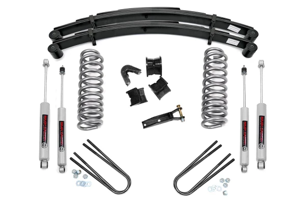 Aggressive Stance, Front to Back: Transform your Ford's appearance with Rough Country's 2.5" Suspension Lift Kit, designed to raise the front end for a leveled, flush stance. Eliminate the factory rake and give your truck a commanding profile that looks as good as it performs.Durable Coil Springs for a Confident Ride: This system includes a pair of heavy-duty front coil springs engineered to increase ride height without compromising ride quality. Paired with 4-degree C-bushings and a track bar drop bracket, the kit maintains proper suspension geometry and a factory-like ride feel.Smooth Performance with Premium N3 Shocks: Enjoy the perfect balance of highway comfort and off-road control with Rough Country's nitrogen-charged N3 shocks. These 10-stage, velocity-sensitive shocks feature a large 54mm shock body and 18mm spring-loaded piston rod for superior durability and consistent damping.Clearance for Up to 33-Inch Tires: Gain the extra height needed to run up to 33" tires, giving your Ford a bolder look and enhanced trail capability, with the proper wheel backspacing.Backed by Confidence: Like all Rough Country suspension products, this 2.5" lift kit is backed by our Limited Lifetime Replacement Warranty for peace of mind on every adventure.