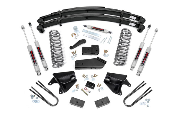 Level Up Your Stance and Style: Give your 1980-1996 Ford F-150 or Bronco a bold, aggressive look from front to rear with Rough Country's 6" Suspension Lift Kit. This easy-to-install system levels the front with the rear, eliminating the factory rake for a clean, balanced profile and commanding presence on and off the road.Improved Ground Clearance and Ride Quality: Featuring durable front coil springs, this kit delivers increased ground clearance while maintaining excellent ride comfort and performance. Precision-engineered radius arm and axle drop brackets ensure all components stay in optimal alignment, preserving that factory-like ride feel after the lift.Premium Components for Maximum Durability: The fabricated rear lift blocks included in this kit are built tougher than standard cast iron blocks, offering greater strength and long-term reliability, perfect for heavy-duty applications and rugged use. This kit also includes add-a-leaf springs, providing an extra boost in rear support and load-carrying capacity while maintaining overall ride quality.Performance-Tuned N3 Shock Absorbers: Enjoy a superior blend of off-road performance and on-road comfort with Rough Country's nitrogen-charged N3 shocks. These high-pressure shocks feature a 10-stage variable valving system, a durable 18mm spring-loaded piston rod, and a fast-cooling 54mm shock body for consistent performance in any condition.Upgrade Options for Added Strength: This lift is available with optional replacement rear leaf springs, giving you the flexibility to enhance your load capacity and rear suspension performance as needed.Room for 35-Inch Tires: Rough Country's 6" Lift Kit gives you the clearance to run up to 35" tall tires, transforming your Ford's capability and stance with the aggressive look you want.Backed by a Limited Lifetime Warranty: Enjoy peace of mind knowing your investment is protected by Rough Country's Limited Lifetime Replacement Warranty.