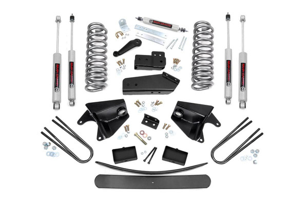 Level Up Your Stance and Style: Give your 1980-1996 Ford F-150 or Bronco a bold, aggressive look from front to rear with Rough Country's 6" Suspension Lift Kit. This easy-to-install system levels the front with the rear, eliminating the factory rake for a clean, balanced profile and commanding presence on and off the road.Improved Ground Clearance and Ride Quality: Featuring durable front coil springs, this kit delivers increased ground clearance while maintaining excellent ride comfort and performance. Precision-engineered radius arm and axle drop brackets ensure all components stay in optimal alignment, preserving that factory-like ride feel after the lift.Premium Components for Maximum Durability: The fabricated rear lift blocks included in this kit are built tougher than standard cast iron blocks, offering greater strength and long-term reliability, perfect for heavy-duty applications and rugged use. This kit also includes add-a-leaf springs, providing an extra boost in rear support and load-carrying capacity while maintaining overall ride quality.Performance-Tuned N3 Shock Absorbers: Enjoy a superior blend of off-road performance and on-road comfort with Rough Country's nitrogen-charged N3 shocks. These high-pressure shocks feature a 10-stage variable valving system, a durable 18mm spring-loaded piston rod, and a fast-cooling 54mm shock body for consistent performance in any condition.Upgrade Options for Added Strength: This lift is available with optional replacement rear leaf springs, giving you the flexibility to enhance your load capacity and rear suspension performance as needed.Room for 35-Inch Tires: Rough Country's 6" Lift Kit gives you the clearance to run up to 35" tall tires, transforming your Ford's capability and stance with the aggressive look you want.Backed by a Limited Lifetime Warranty: Enjoy peace of mind knowing your investment is protected by Rough Country's Limited Lifetime Replacement Warranty.