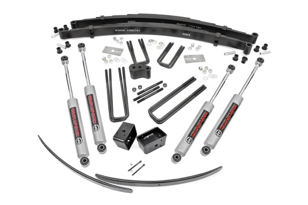 Give your Dodge an increased ground clearance with Rough CountryΓÇÖs 4" Dodge Suspension Lift Kit! This easy-to-install leveling kit raises the front of your vehicle to be equal height with the rear for a leveled, flush look that gives a better ride height and more aggressive appearance.\
This kit features a set of front, durable leaf springs allowing you gain additional ride height without sacrificing ride quality or performance. A raised steering arm and rear blocks as well as add-a-leaf's are also provided to keep everything at optimum angles for a factory-like ride, even after lifting.\
A set of Rough Country's premium N3 shocks are also included in this kit. These fine tuned 10-stage variable high-pressure Nitrogen charged shocks offer a fantastic blend of off-road action and smooth highway ride quality. With a durable 18mm spring-loaded piston rod and faster-cooling 54mm shock body.\
Get the wheels you want! Rough Country's 4" Dodge Suspension Lift Kit comes with everything you need to fit up to a 35" tire with proper wheel backspacing.\
Best of all, Rough Country's 4" Dodge Suspension Lift Kit is backed by our Lifetime Replacement Warranty.