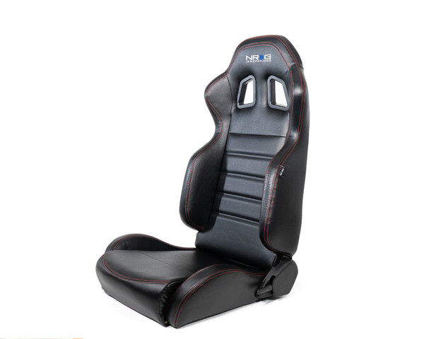 NRG Reclinable Racing Seats (Pair) Black Leather w/NRG Logo Red Stitch - RSC-208-1L/R Photo - Primary