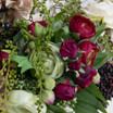 Faux Hydrangea, Rose and Dahlia Stems in Glass Pedestal Vase