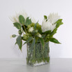 Faux White Protea and Rosemary in Square Glass Vase