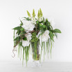 Faux White Peony with Twigs and Green in Glass Vase
