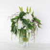 Faux White Peony with Twigs and Green in Glass Vase