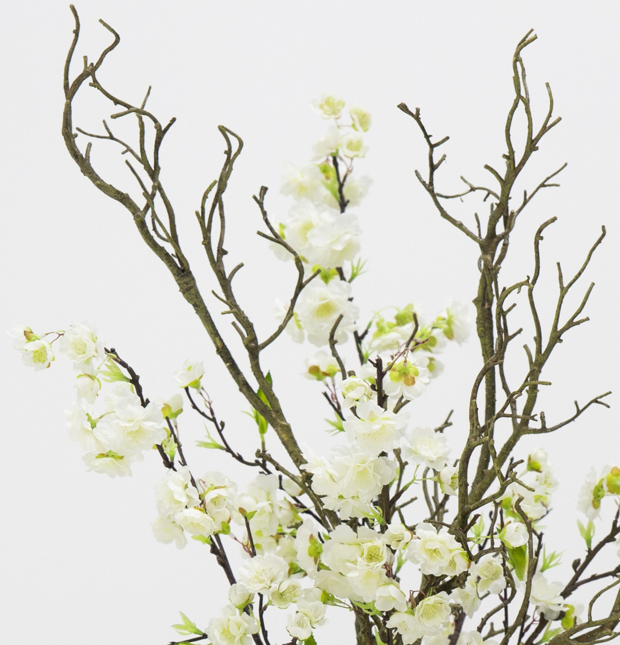 Faux White Cherry Blossom Stems with Twigs in Glass Cylinder