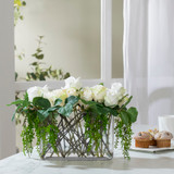 Faux White Rose Stems in Rectangle Glass Vase