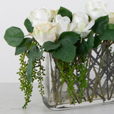 Faux White Rose Stems in Rectangle Glass Vase