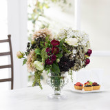 Faux Hydrangea, Rose and Dahlia Stems in Glass Pedestal Vase