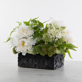 Faux White Peony and Lilacs in Carved Rectangle Pot