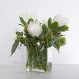 Faux White Protea and Rosemary in Square Glass Vase