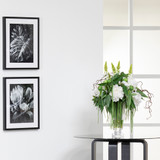 Faux White Peony with Twigs and Green in Glass Vase