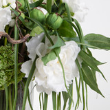 Faux White Peony with Twigs and Green in Glass Vase