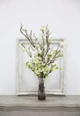 Faux White Cherry Blossom Stems with Twigs in Glass Cylinder