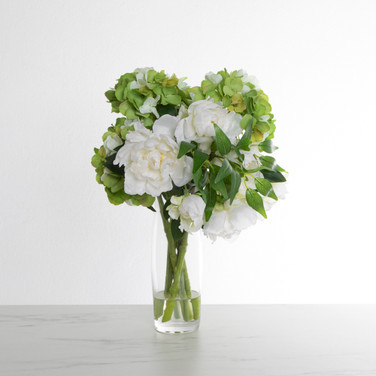 Faux Green Hydrangea and White Peony in Glass Vase