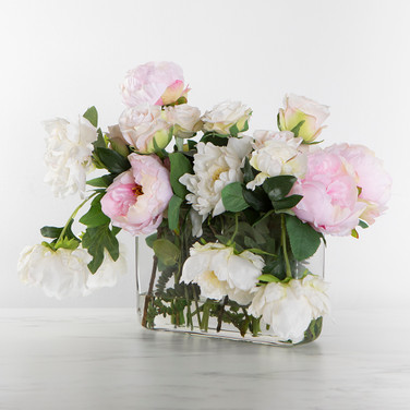 Faux White & Pink Peony and Rose Stems in Rectangle Glass Vase