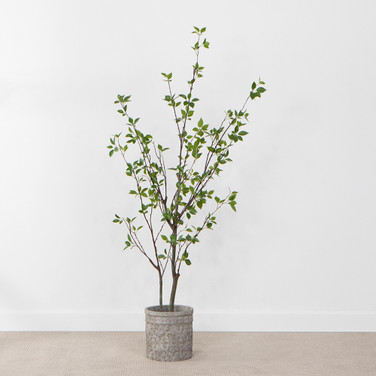 Faux Green Dogwood in Grey Cylinder Planter