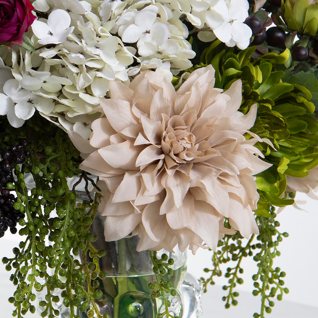 Faux Hydrangea, Rose and Dahlia Stems in Glass Pedestal Vase