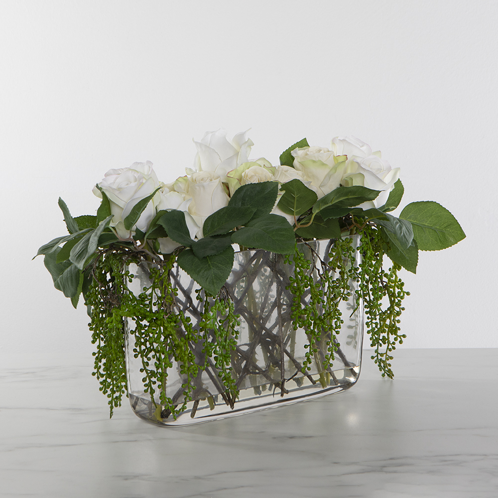 Faux White Rose Stems in Rectangle Glass Vase