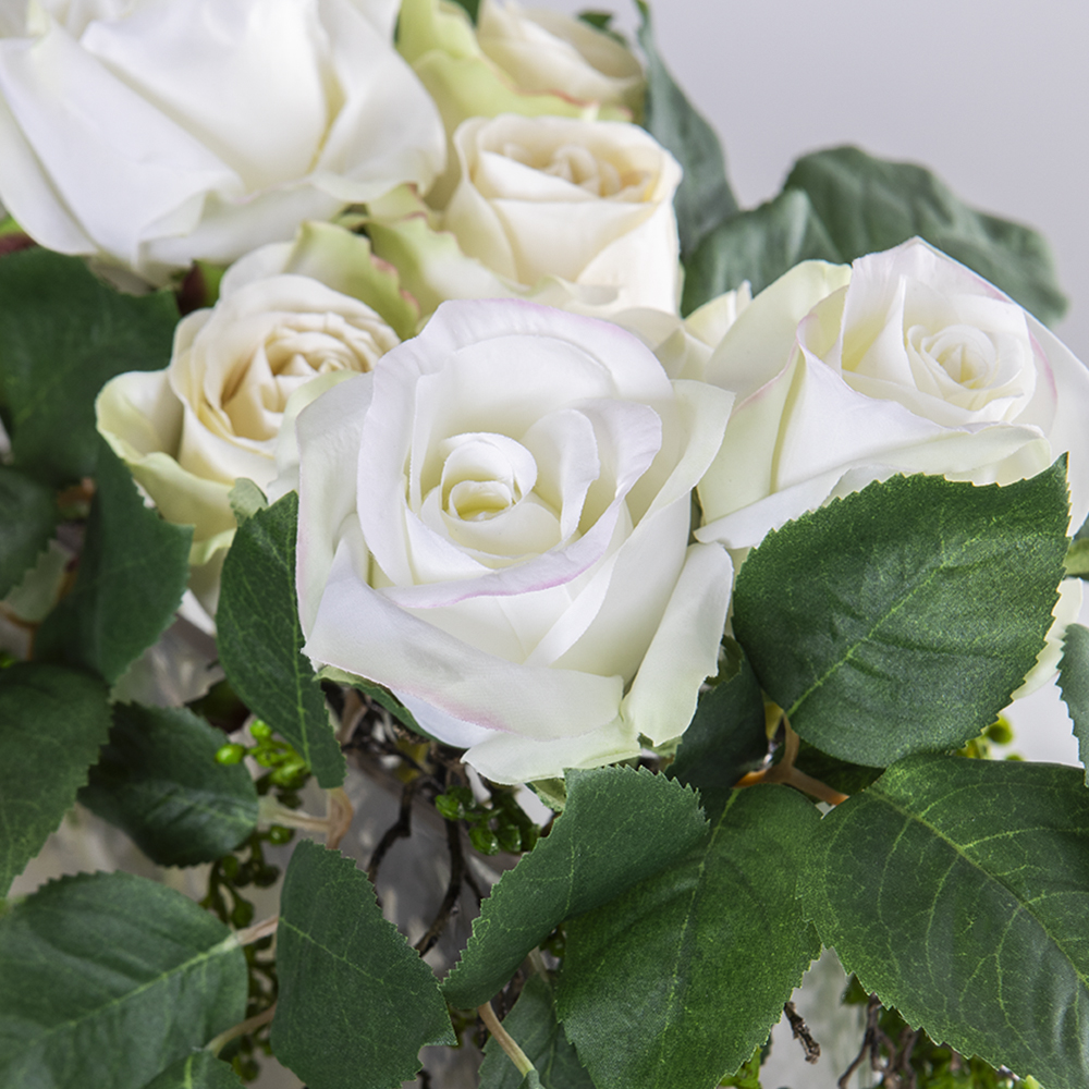 Artificial White Rose Stems in Rectangle Glass Vase