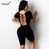 Liooil Sexy Bandage Playsuit Black White Backless Jumpsuits Short Sleeve Hollow Out Bodycon Party Club Rompers Womens Jumpsuit|Rompers|