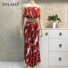 Boho Women Two Piece Set Leaves Print Off Shoulder Ruffles Cropped Top Wide Leg Pants High Waist Slim Sexy Suits Streetwear|Women's Sets|