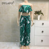 Boho Women Two Piece Set Leaves Print Off Shoulder Ruffles Cropped Top Wide Leg Pants High Waist Slim Sexy Suits Streetwear|Women's Sets|