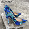 Veowalk Snake Printing Leather Women Super High Heels Sexy Ladies Pointed Toe Stiletto Pumps Slip on Heeled Party Shoes Blue|stiletto pumps|pointed toe stilettosslip on heels