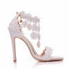 Crystal Queen Women Ankle Strap Sandals White Lace Flowers Pearl Tassel Super Heel Fine High Heels Slender Bridal Wedding Shoes|High Heels|