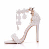 Crystal Queen Women Ankle Strap Sandals White Lace Flowers Pearl Tassel Super Heel Fine High Heels Slender Bridal Wedding Shoes|High Heels|