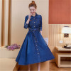 Spring and autumn style new Korean version of the lapel a shaped mid length long sleeved fashion denim dress women|Dresses|