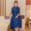 Spring and autumn style new Korean version of the lapel a shaped mid length long sleeved fashion denim dress women|Dresses|