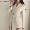 Women Black Beige Blazer Dress High Waist with Belt 2020 Autumn Slim Fit Work Bussiness Office Ladies Long Sleeve Outwear|Blazers|