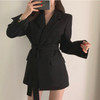 Women Black Beige Blazer Dress High Waist with Belt 2020 Autumn Slim Fit Work Bussiness Office Ladies Long Sleeve Outwear|Blazers|