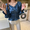 Elegant White Blouse Women Spring Autumn Fashion Korean Style Slim Blouse V neck Elastic Waist Shirt Butterfly Sleeve Solid Tops|Blouses & Shirts|