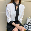 QoerliN Chiffon Shirt Women 2020 new V neck Contrast Color Design OL Commuter Shirt Plus Size Long Sleeve White Blouse Plus Size|Blouses & Shirts|