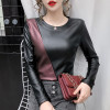 2020 Autumn Winter Long Sleeve Women's Blouse Patchwork Colors Plus Size Shirt Women Elastic Warm Velvet PU Leather Female Tops|Blouses & Shirts|