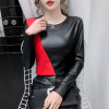 2020 Autumn Winter Long Sleeve Women's Blouse Patchwork Colors Plus Size Shirt Women Elastic Warm Velvet PU Leather Female Tops|Blouses & Shirts|