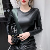 2020 Autumn Winter Long Sleeve Women's Blouse Patchwork Colors Plus Size Shirt Women Elastic Warm Velvet PU Leather Female Tops|Blouses & Shirts|